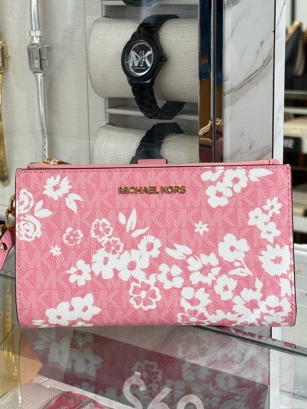 MICHAEL KORS Double Zip Printed Signature Logo Wristlet Wallet Carnation - Picture 5 of 12